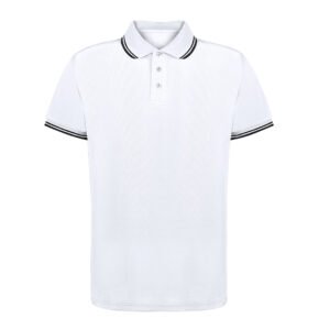 501 € = 50 polos homme, bicolore : blanc avec petits traits noir, polyester 180 gr/m2 / 8.64 € HT par 100