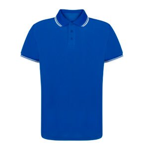 432 € = 50 polos homme, bicolore, avec petits traits blanc, polyester 180 gr/m2 / 8.64 € HT par 100